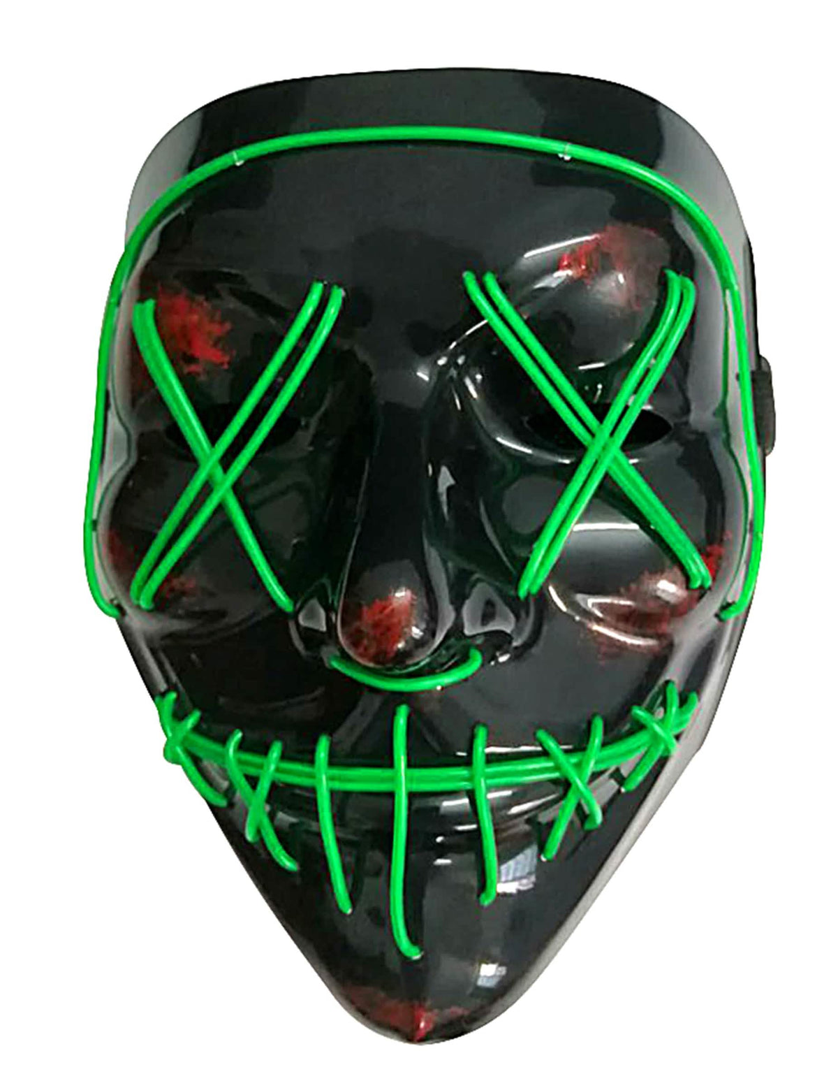 Nahaufnahme der Neonfäden und der Blutflecken der leuchtenden LED-Maske für Erwachsene Grün