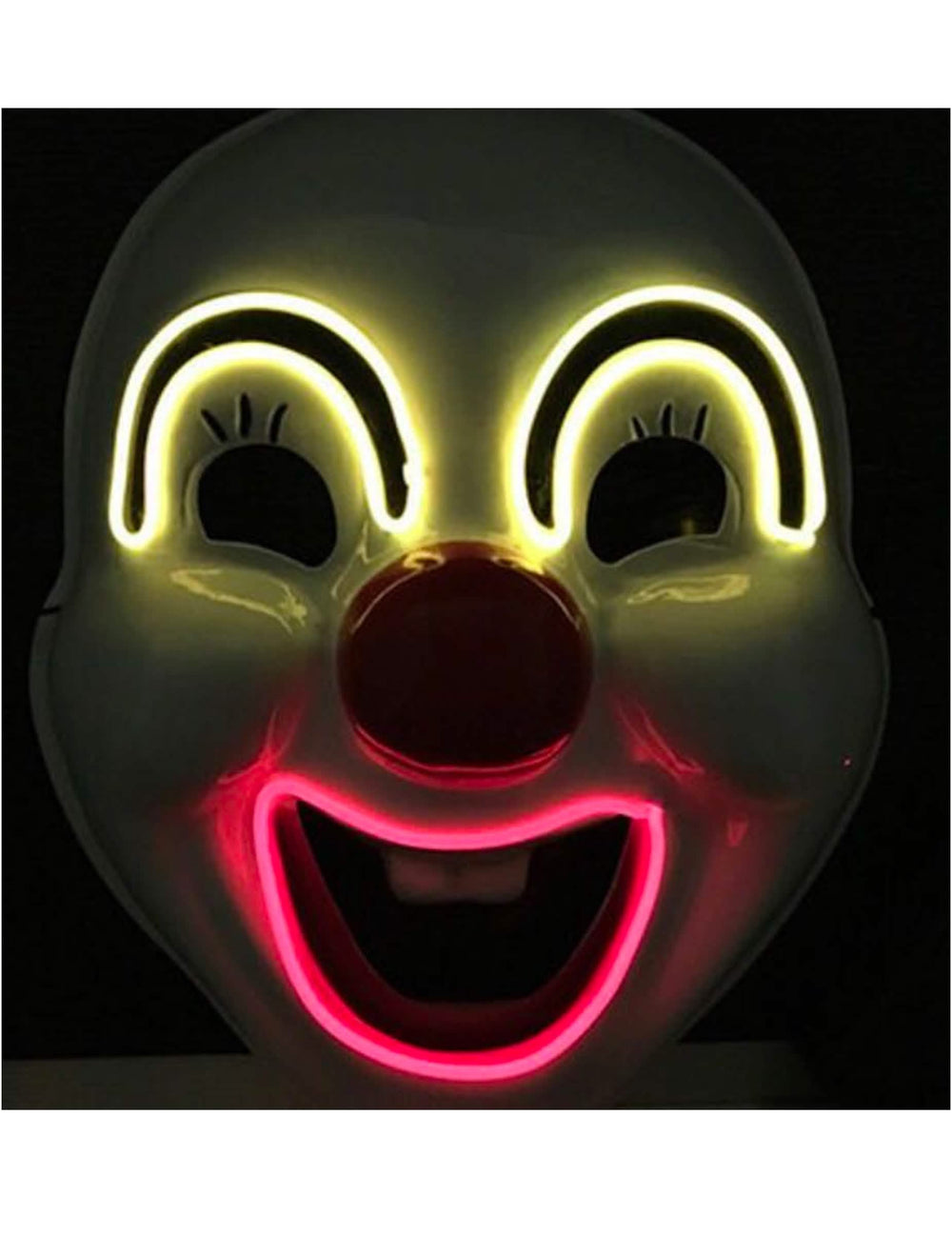 Ansicht mit eingeschalteten LEDs der lustigen Luxus-LED-Clownmaske