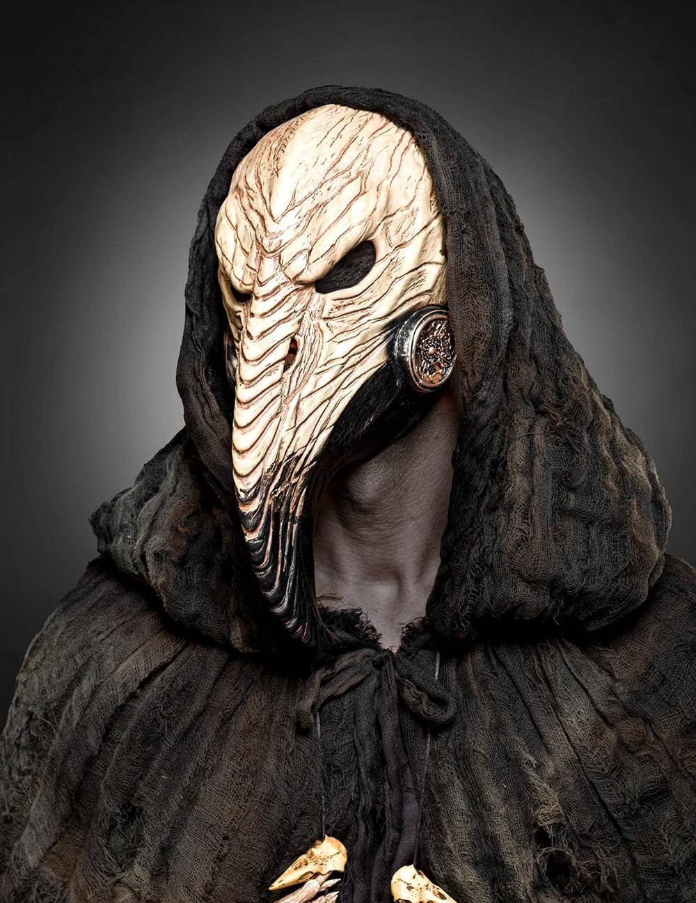 Vue de trois-quarts du masque médecin de la peste