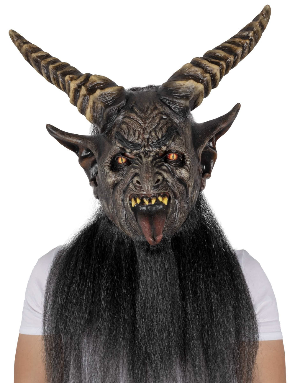 Monstermaske für Erwachsene Schwarz mit Hörnern Luxus mit langen Haaren