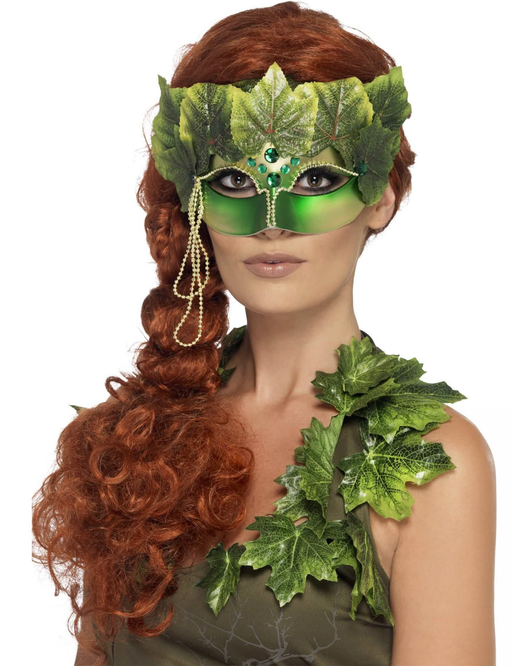 Maske Waldnymphe für Damen Grün mit Blättern und Perlen