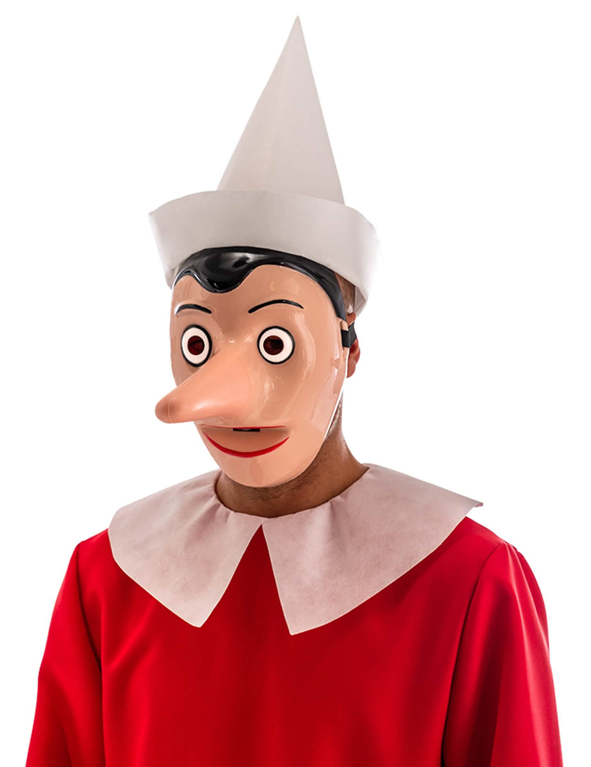Kunststoffmaske Pinocchio für Erwachsene mit abnehmbarer Nase und Weißem Hut