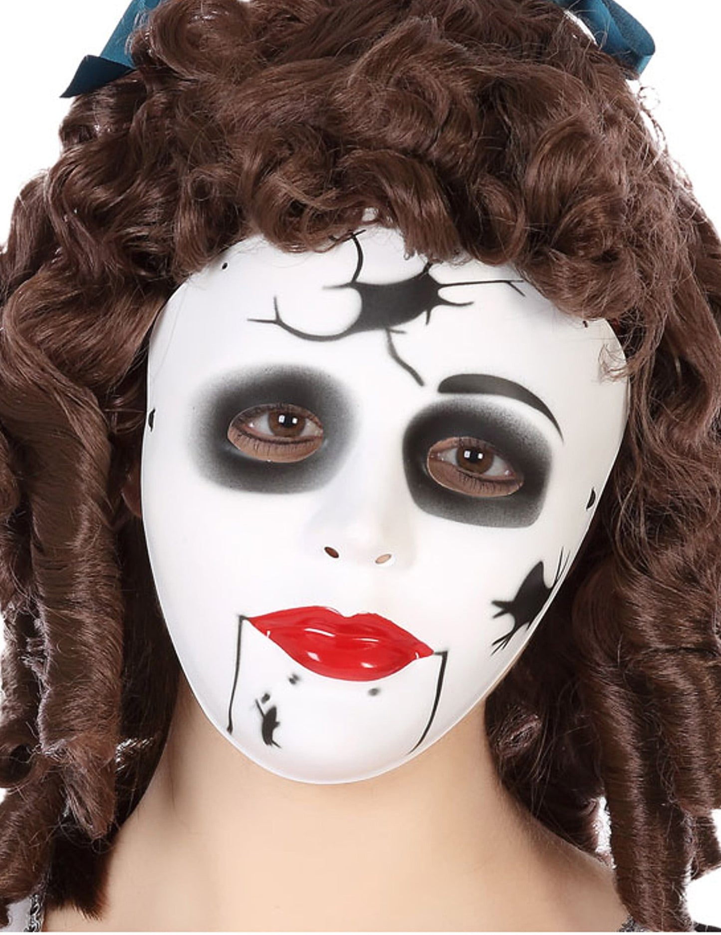 Masque poupée fissurée pour adulte blanc avec fissures noires et lèvres rouges