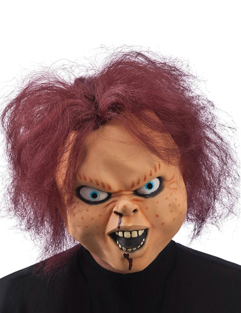 Gruselige Puppenmaske für Halloween für Erwachsene, rothaarig und blutverschmiert