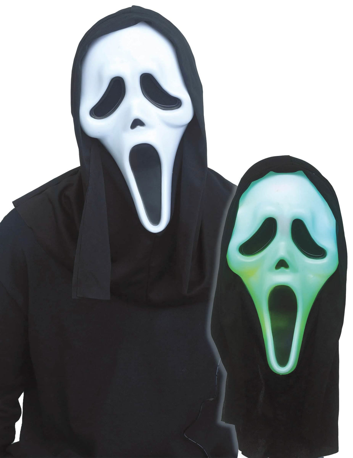Masque Scream™ lumineux coloré pour adulte blanc s'illuminant en vert avec cagoule noire