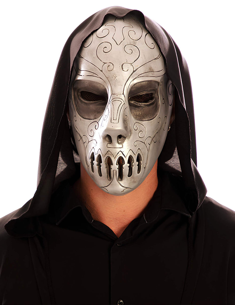 Dunkle Zauberer-Maske für Erwachsene aus Grau, Silber-Latex mit schwarzer Kapuze