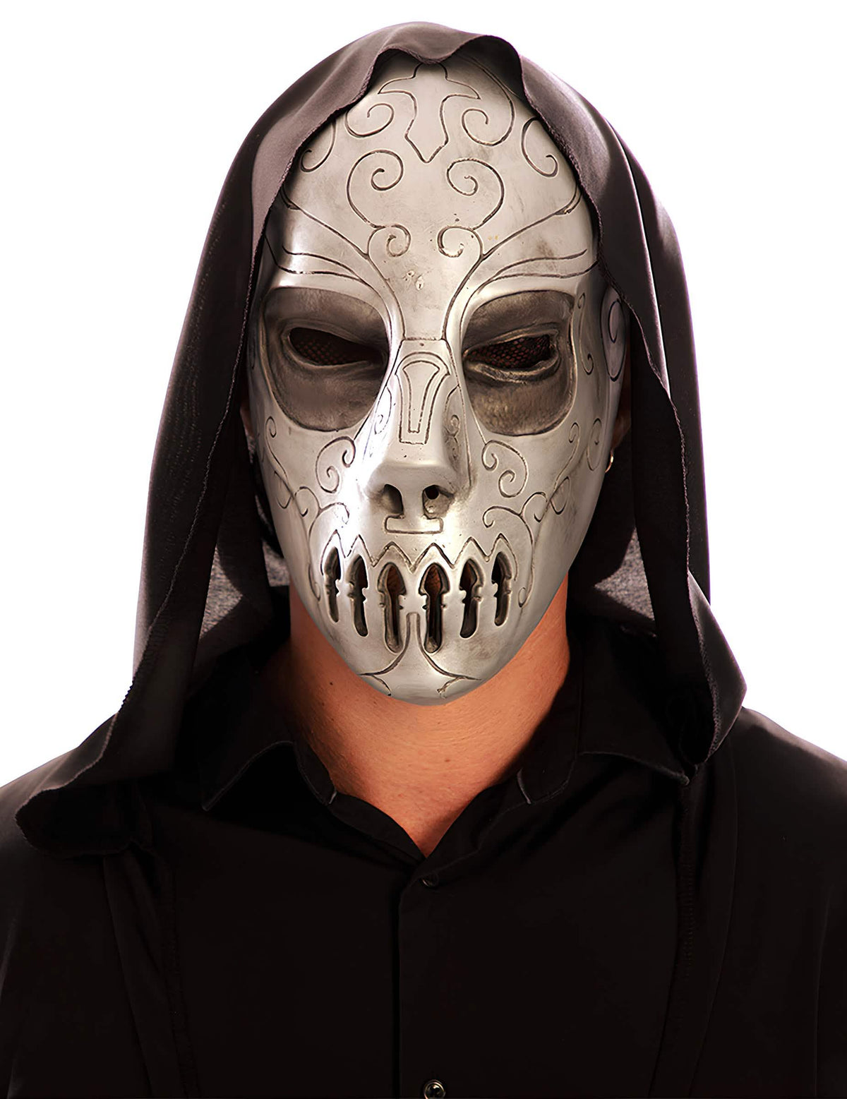 Dunkle Zauberer-Maske für Erwachsene aus Grau, Silber-Latex mit schwarzer Kapuze