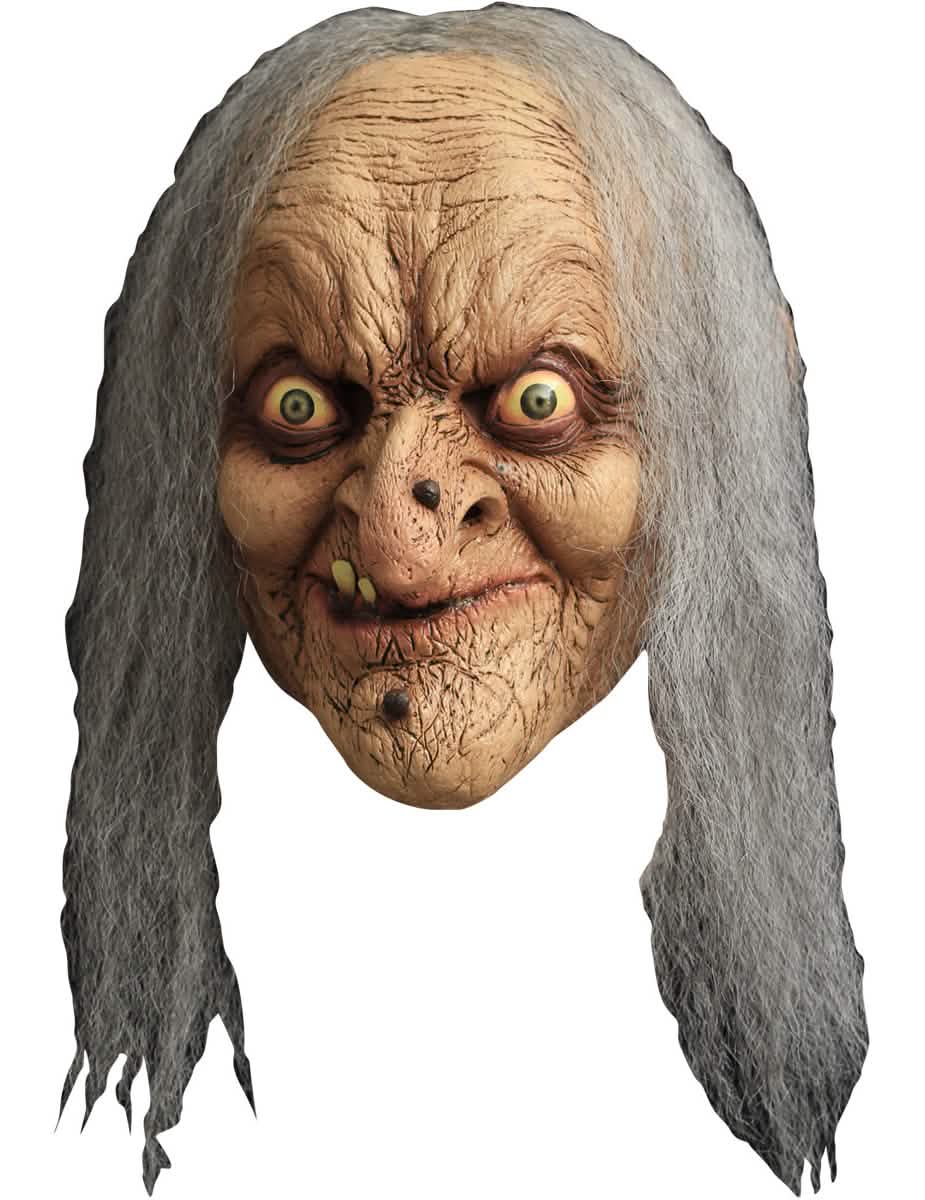 Nahaufnahme des faltigen Gesichts der Hexenmaske