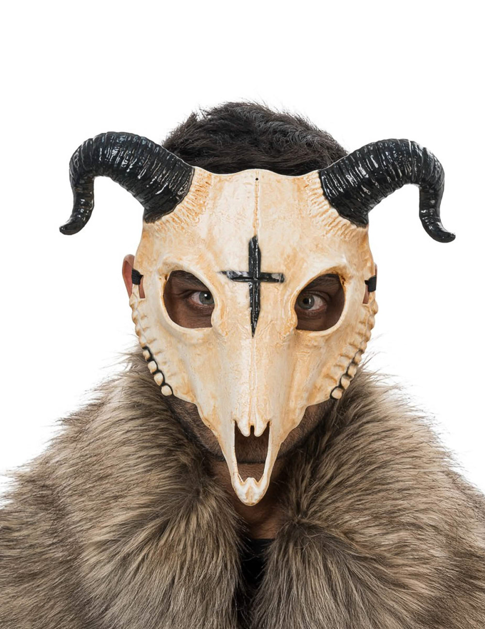 Masque squelette démon à cornes pour adulte blanc avec croix noire