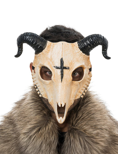 Masque squelette démon à cornes pour adulte blanc avec croix noire