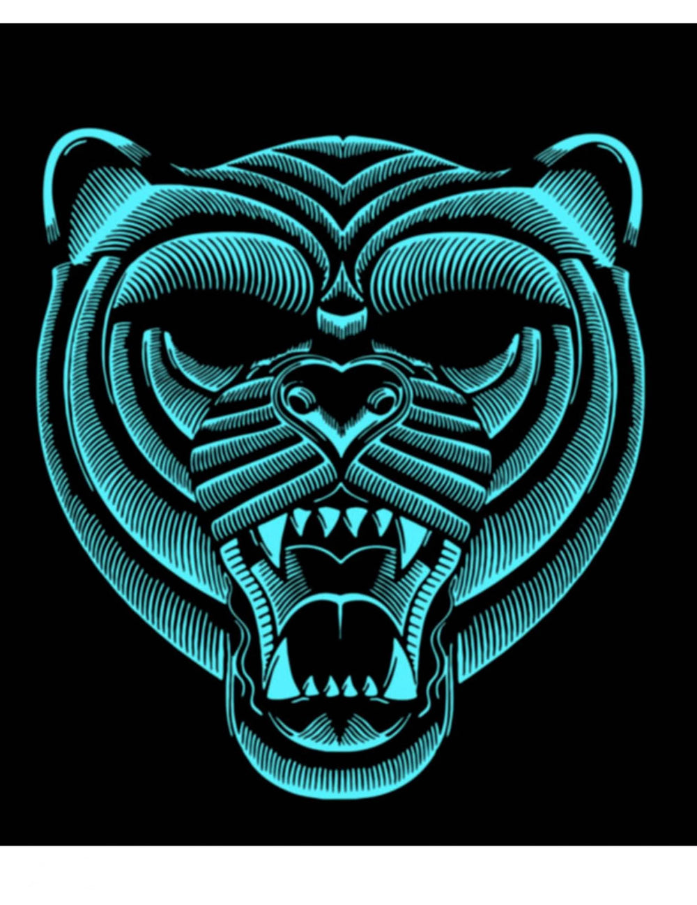 Detail des blauen Lichteffekts der reaktiven LED-Tiger-Maske für Erwachsene