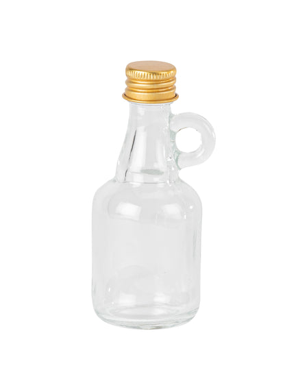 Mignonnette en verre pour mariage transparent avec anse et bouchon or