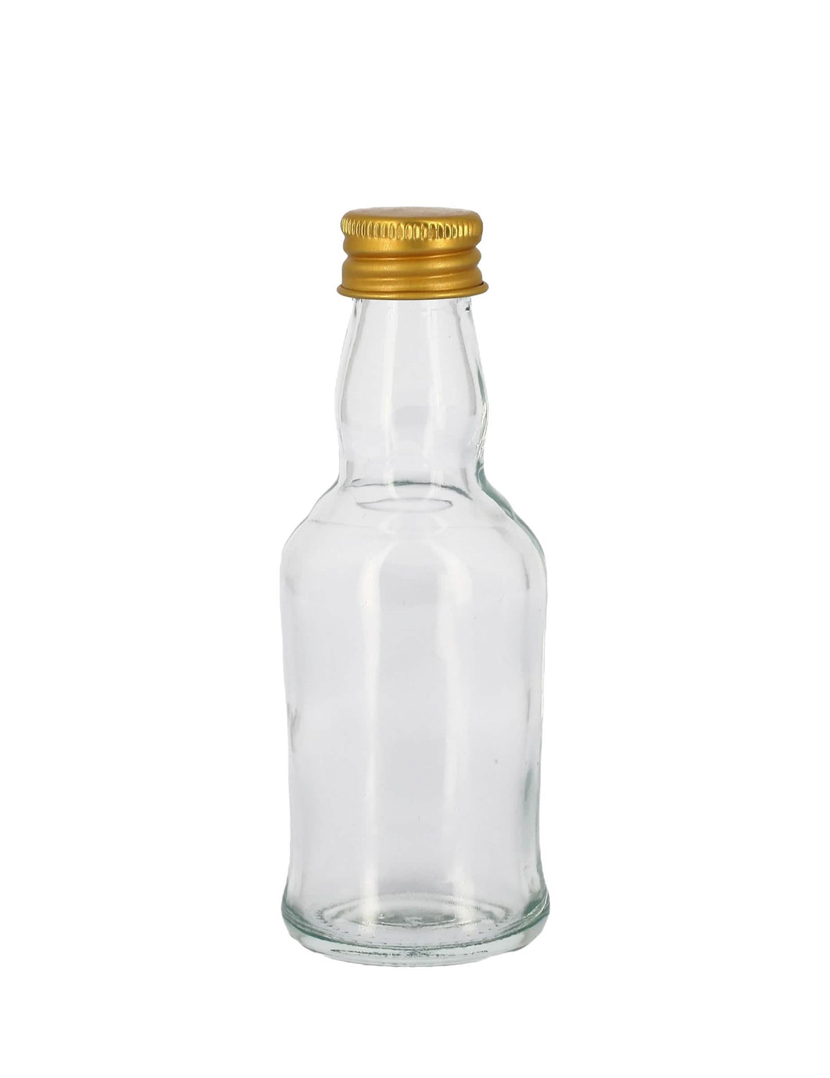 Mignonnette en verre transparent avec bouchon en métal doré