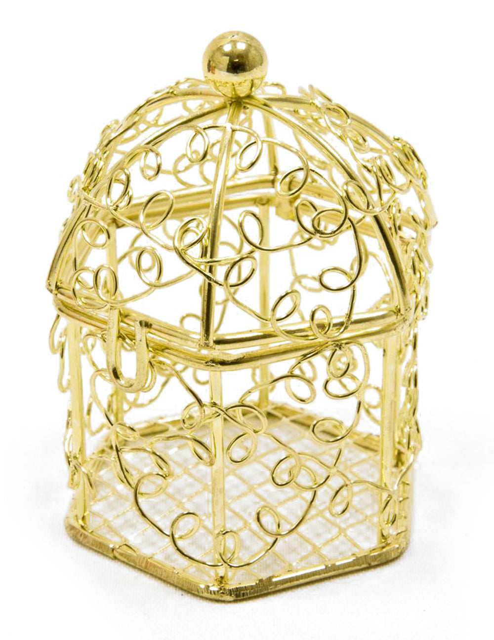 Mise en situation avec dragées de la mini cage à oiseaux en métal pour mariage