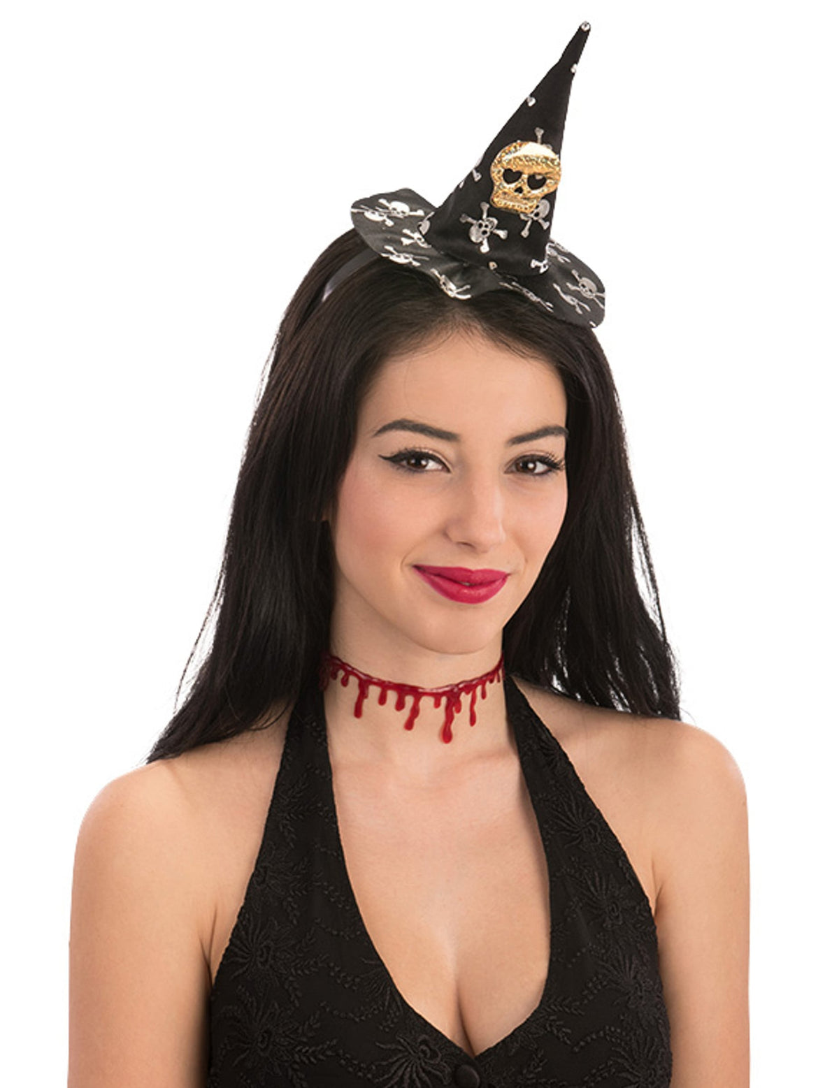 Mini chapeau de sorcière tête de mort Halloween pour femme noir avec crânes blancs et dorés