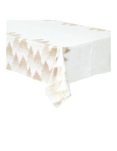 Nappe floquée sapins pour table de fête blanche et or