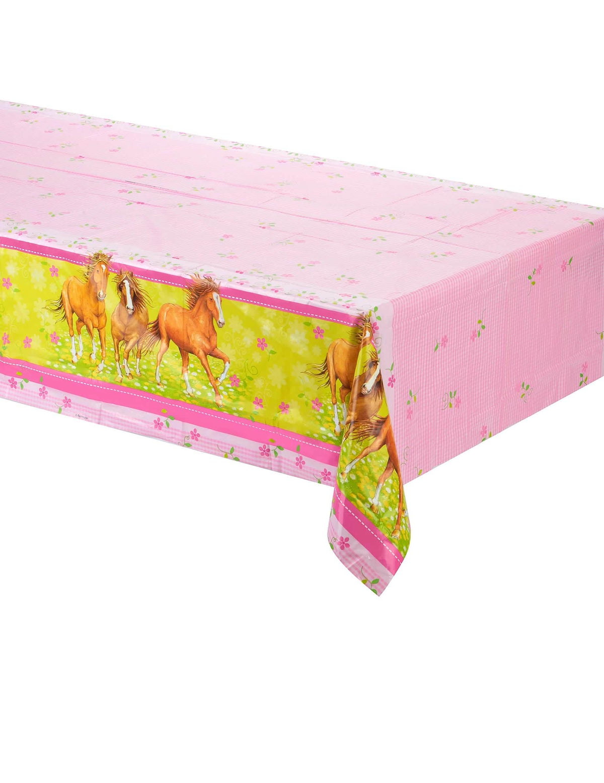 Tischdecke Kinder Rosa, Pink mit Blumen- und galoppierenden Pferdemotiven