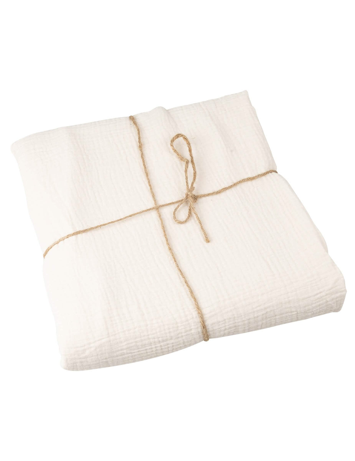 Vue pliée avec ficelle de la nappe en gaze de coton style bohème crème