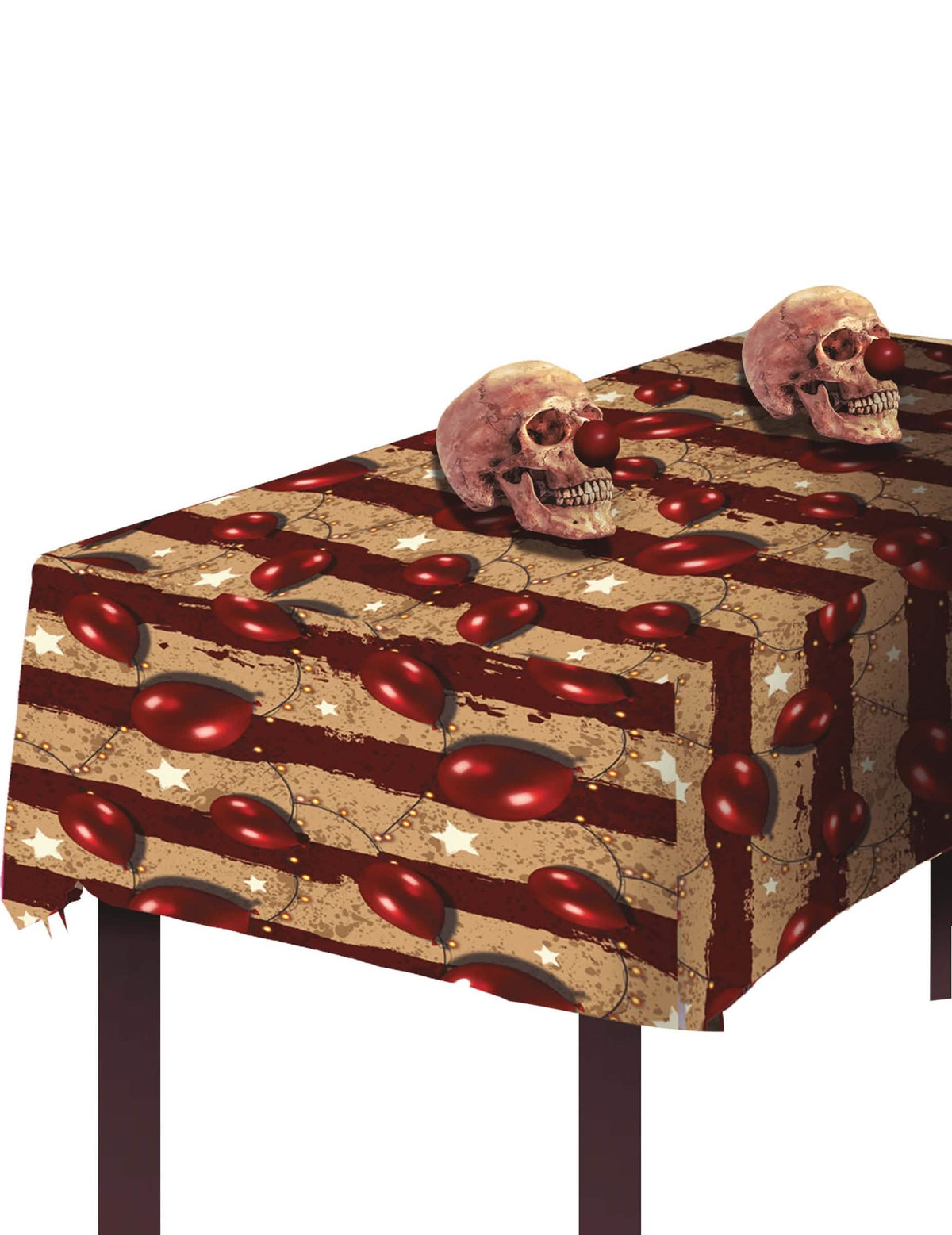Gruselige Kunststofftischdecke im Zirkus-Stil für Halloween, Beige und Rot gestreift, mit Luftballons- und Sternmotiven