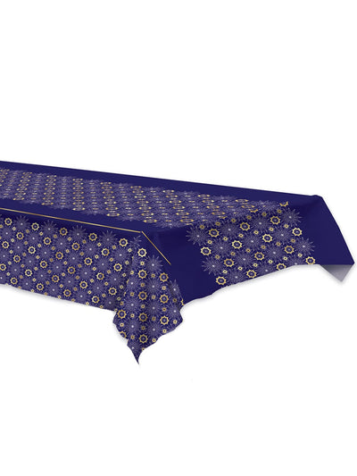 Nappe en plastique Aïd Mubarak bleue à rosaces dorées