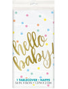 Nappe en plastique Hello Baby pour fête de naissance blanche et or à pois