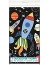 Nappe en plastique univers pour enfant noire avec motifs de fusées et planètes