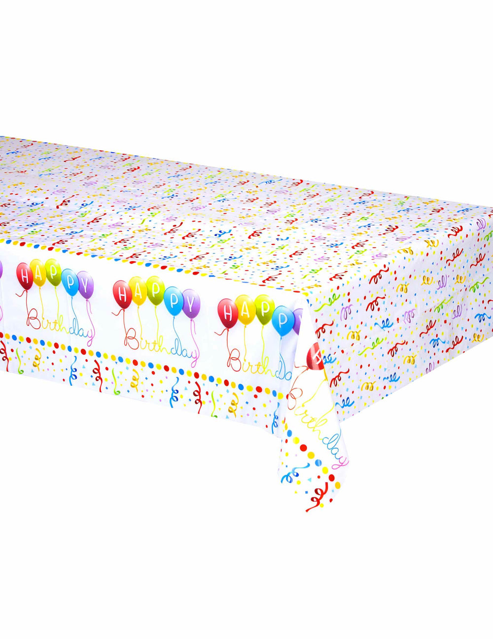 Nappe plastique Happy Birthday pour anniversaire blanche à motifs confettis et ballons multicolores