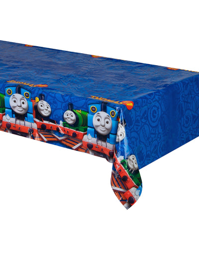 Plastiktischdecke Thomas und seine Freunde für Kinder in Blau mit Lokomotivmotiven