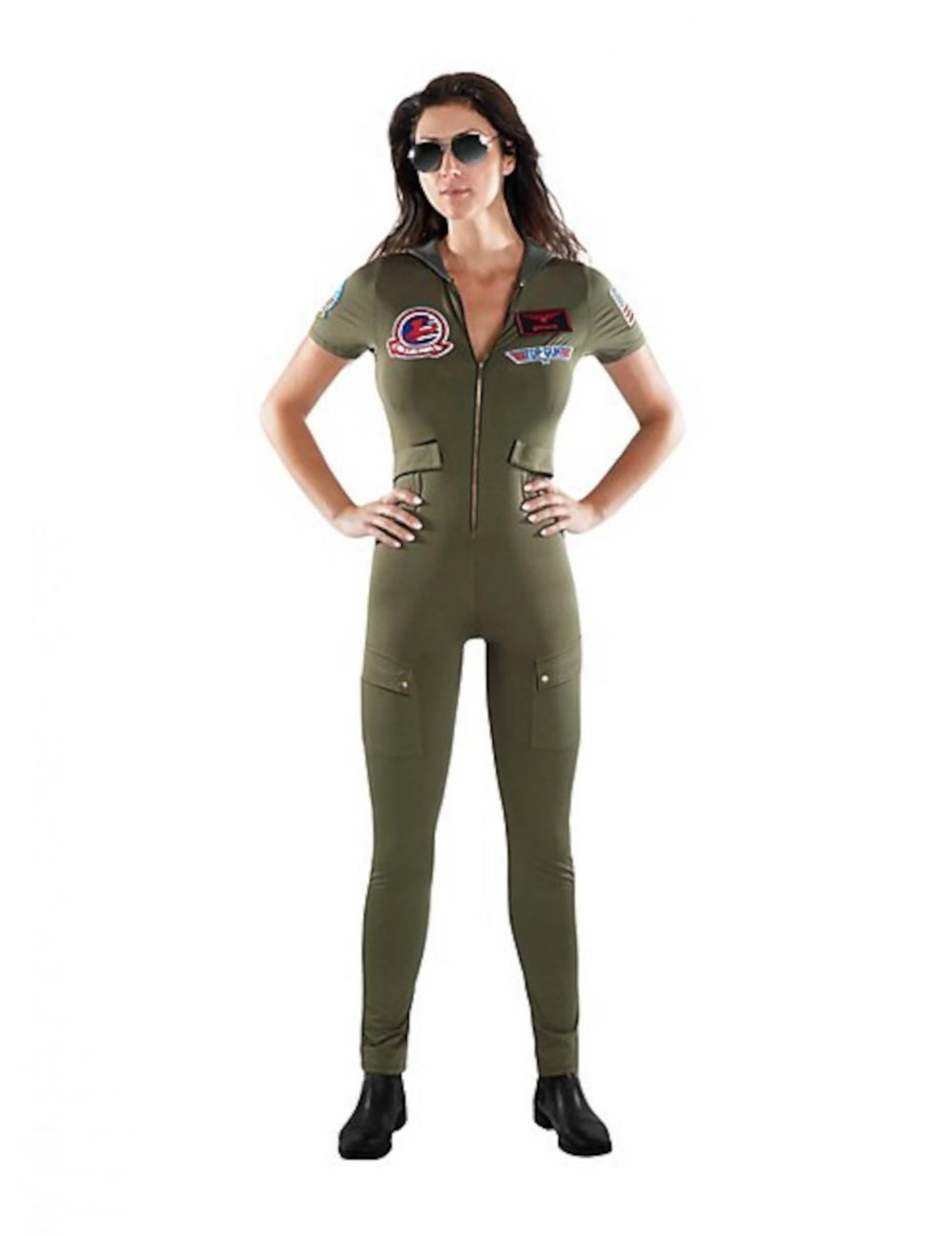 Top Gun-Verkleidung als Overall für Erwachsene in Grün-Khaki mit Aufnähern