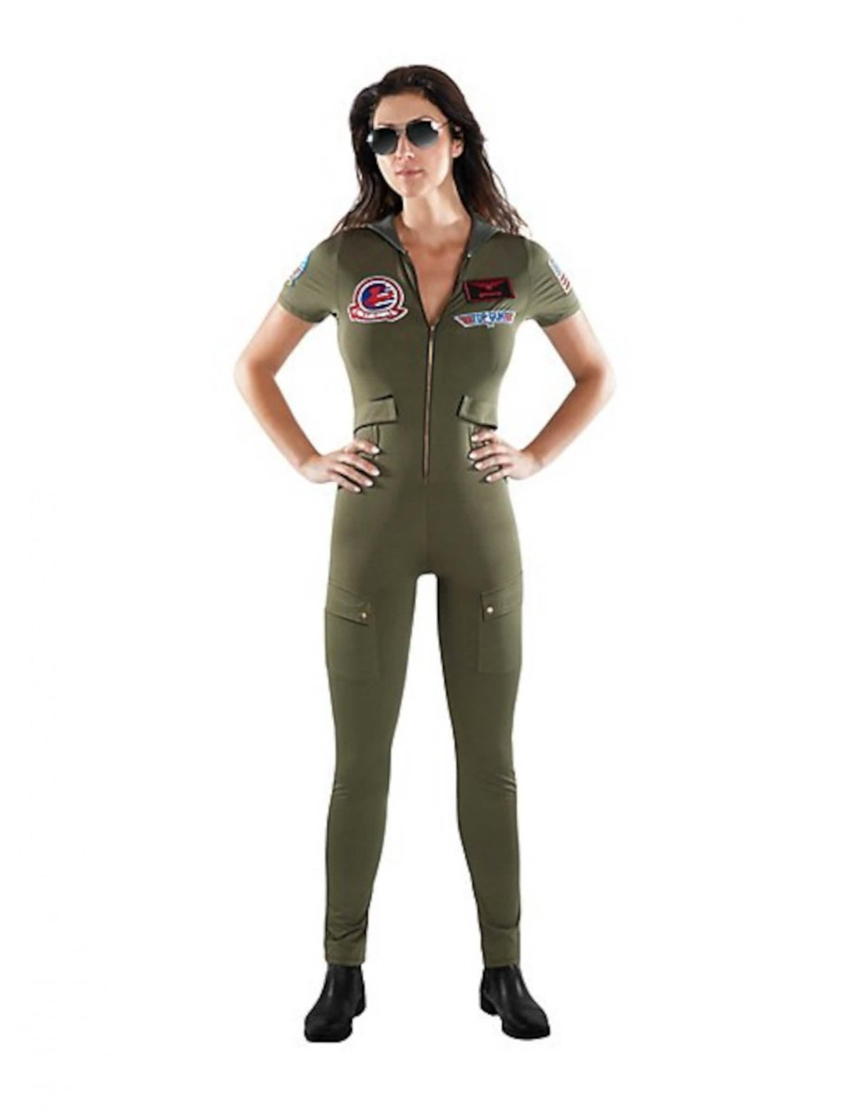 Top Gun-Verkleidung als Overall für Erwachsene in Grün-Khaki mit Aufnähern