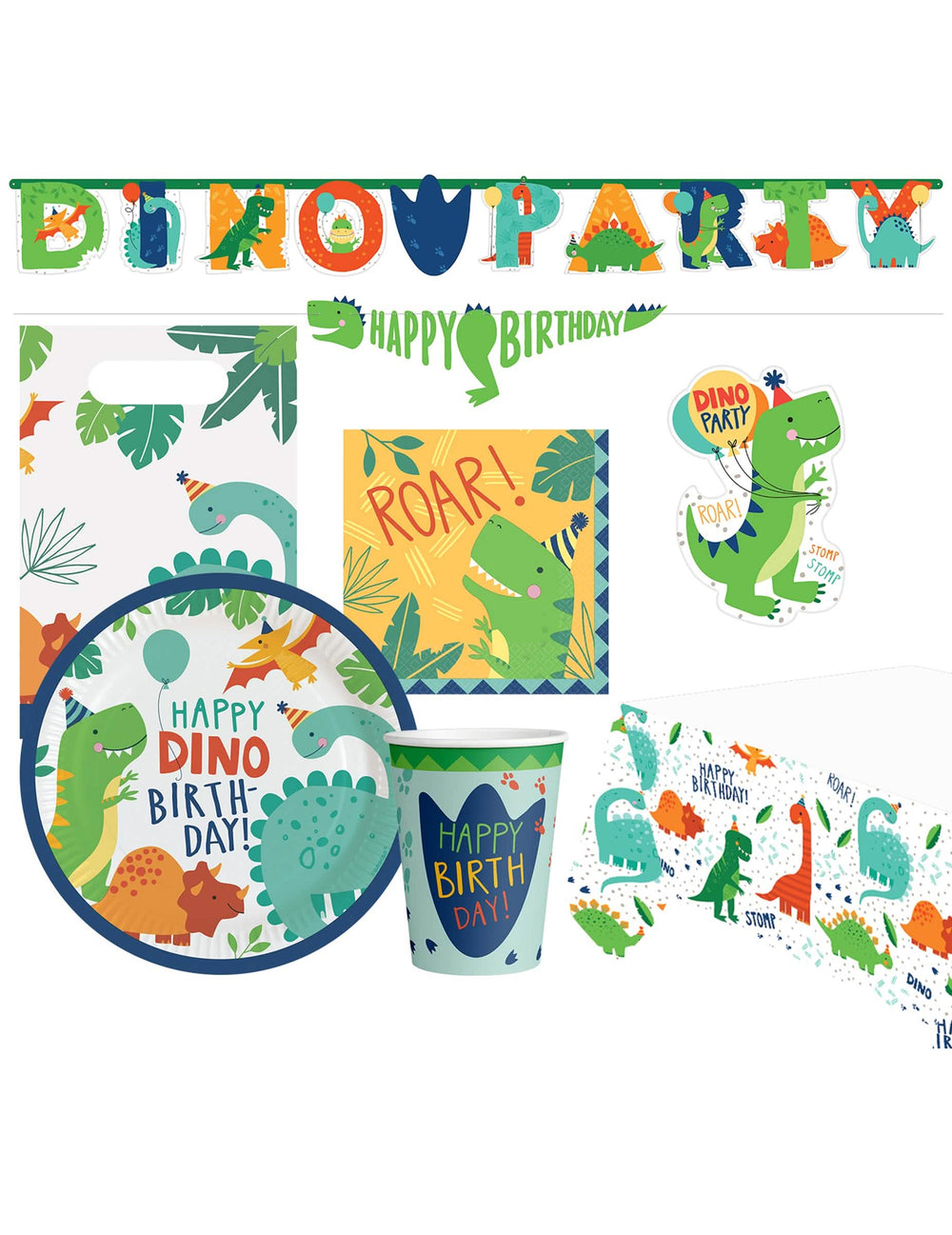 Pack dino pour anniversaire multicolore de 51 pièces avec vaisselle et décoration