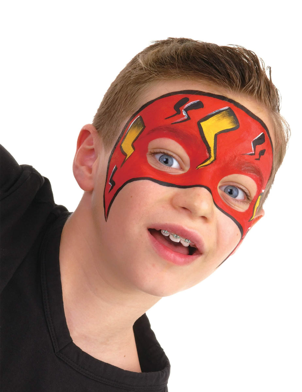 Superhelden-Schminke Rot und Gelb aus der professionellen wasserbasierten Schminkpalette Jungen-Thema