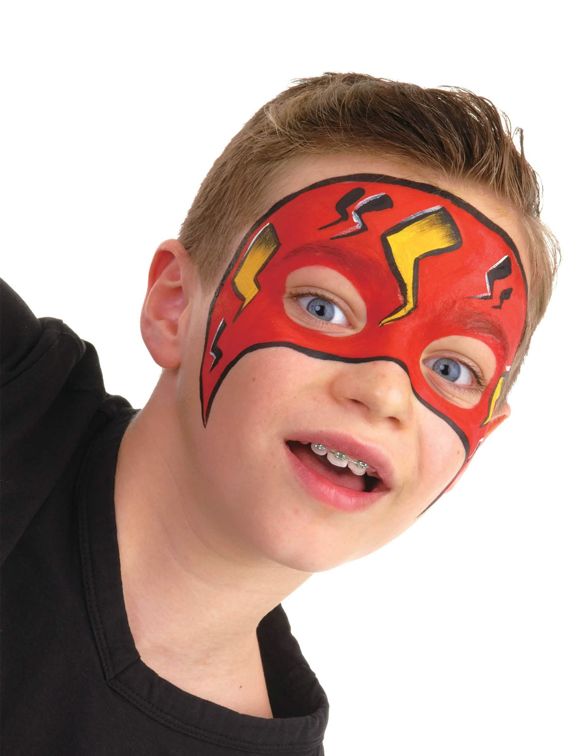 Superhelden-Schminke Rot und Gelb aus der professionellen wasserbasierten Schminkpalette Jungen-Thema