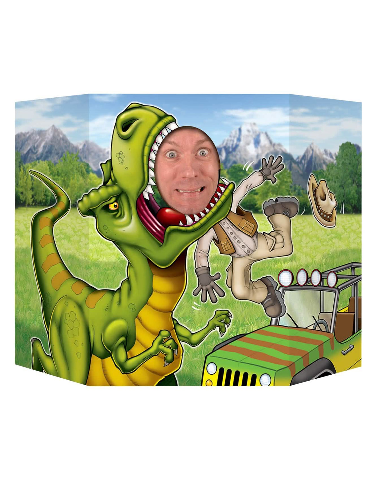 Kopf-Dinosaurus für Erwachsene Grün mit Entdecker und Jeep