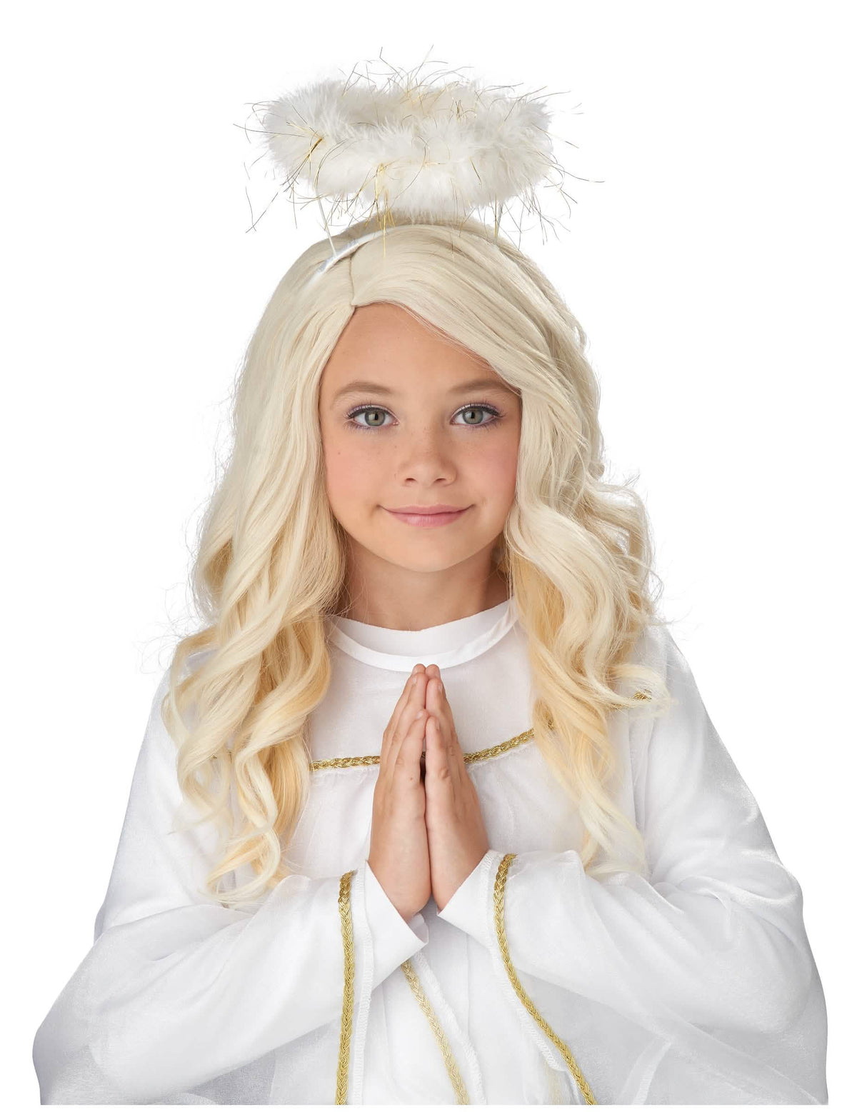 Perruque luxe ange pour fille blonde avec auréole blanche