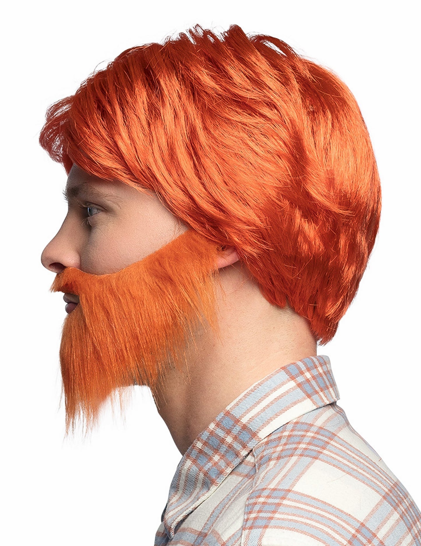 Vue de profil de la perruque avec barbe et moustache rousse pour homme