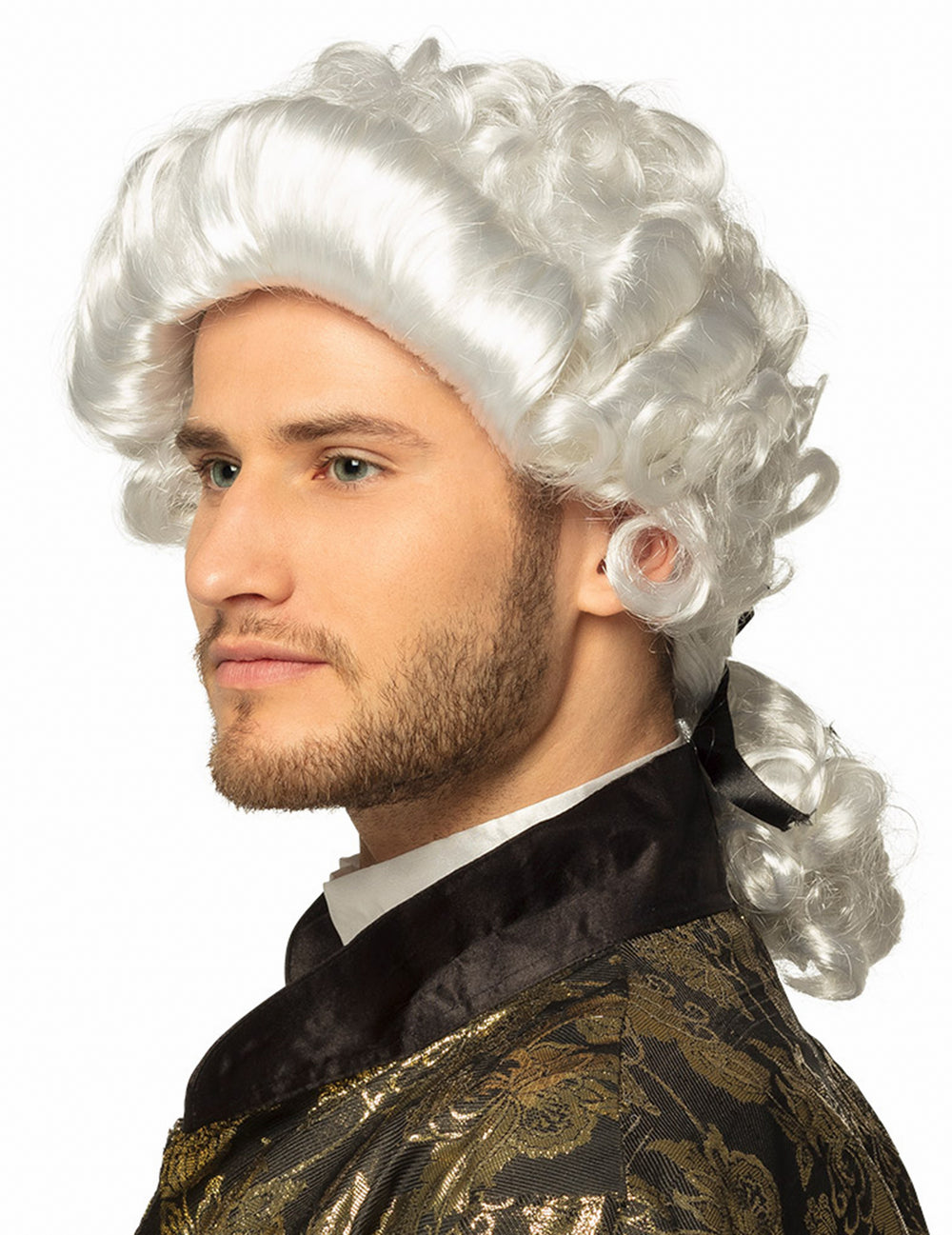 Perruque baroque pour homme blanche avec boucles et queue de cheval