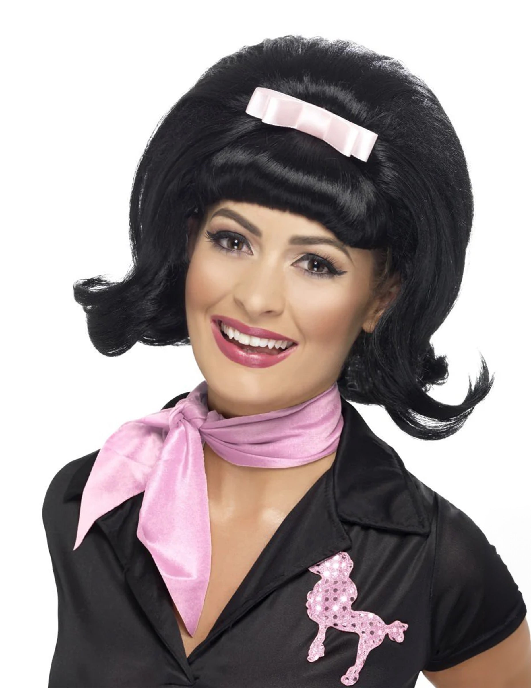 Perruque années 50 pour femme noire avec nœud rose