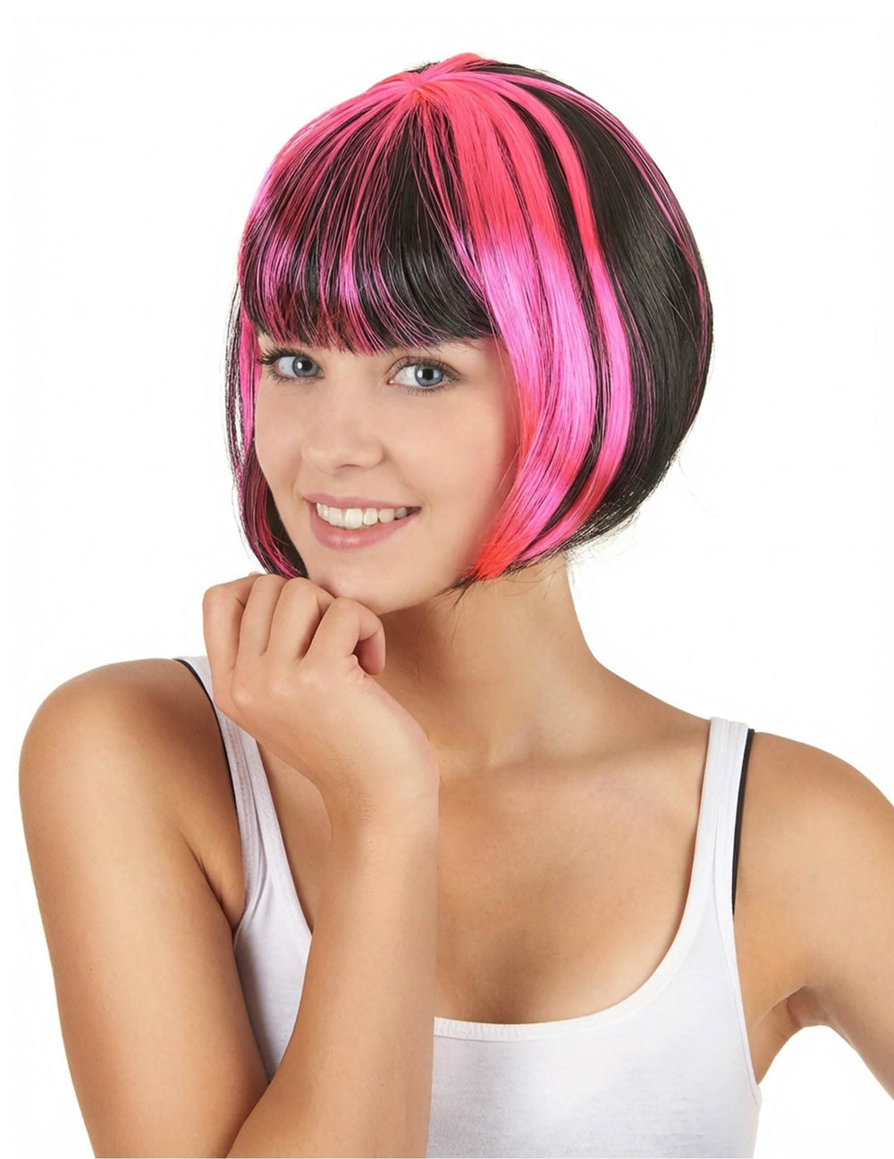 Kurze Bob-Perücke mit Strähnen für Damen Schwarz und Rosa, Pink