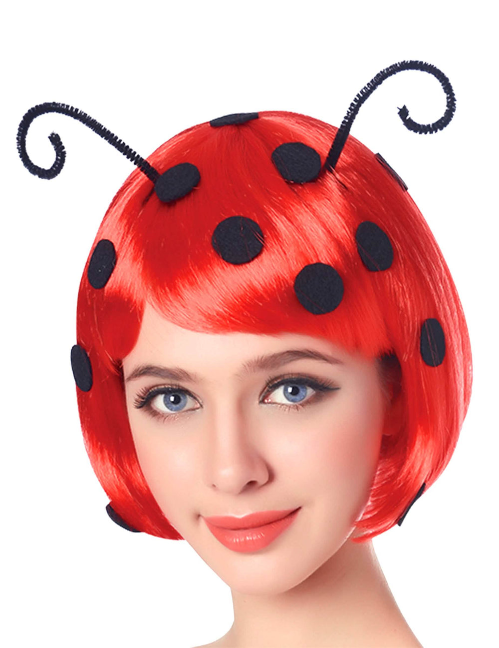 Marienkäfer-Perücke Damen Rot mit schwarzen Punkten und Antennen