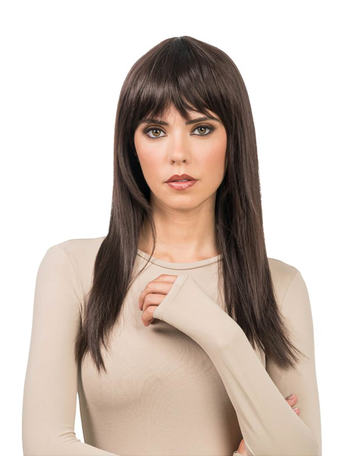 Lange braune Luxus-Perücke für Damen mit Pony