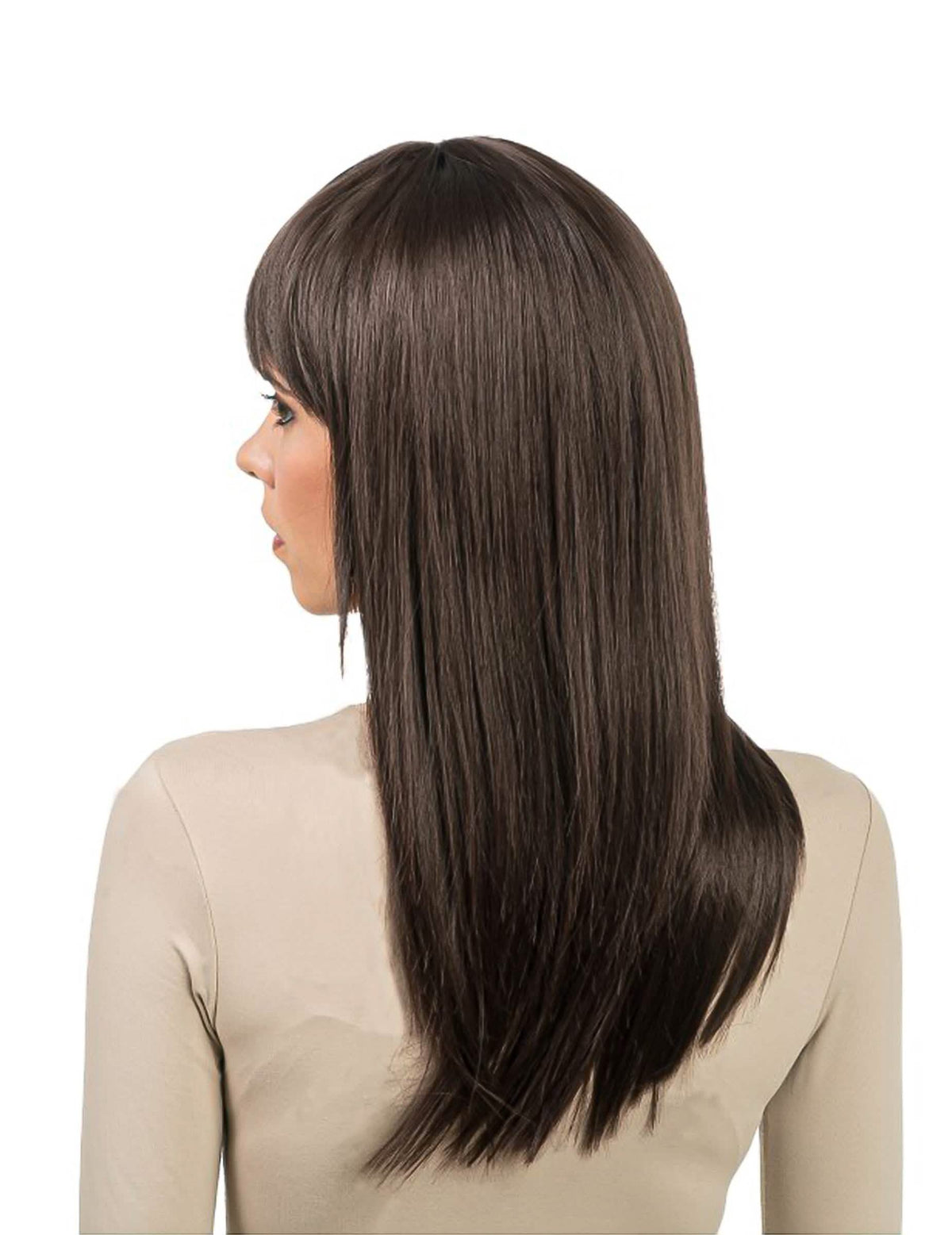 Lange braune Luxus-Perücke für Damen mit Pony