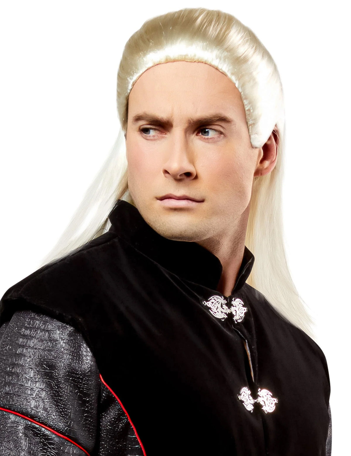 Vue de trois-quarts de la perruque luxe Daemon Targaryen House of the dragon