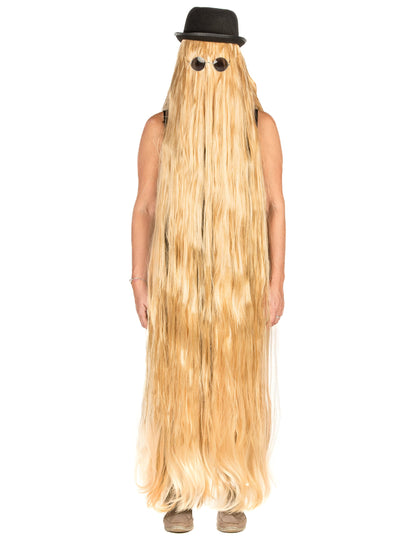Perruque extra longue blonde pour adulte avec chapeau et lunettes