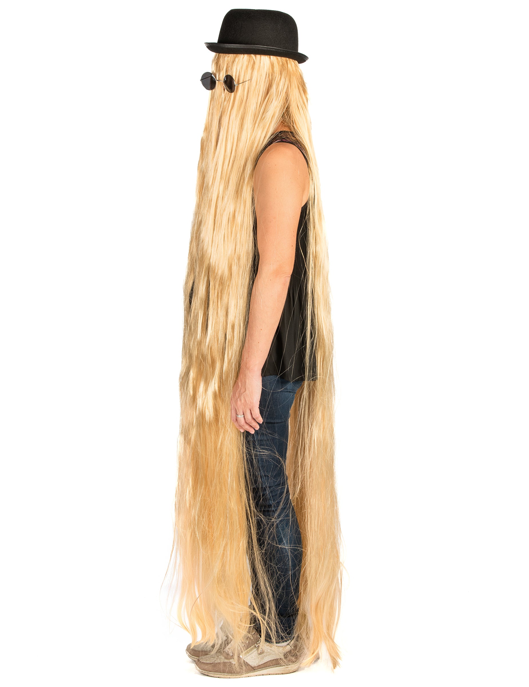 Vue de profil de la perruque extra longue blonde pour adulte