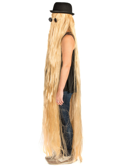 Vue de profil de la perruque extra longue blonde pour adulte