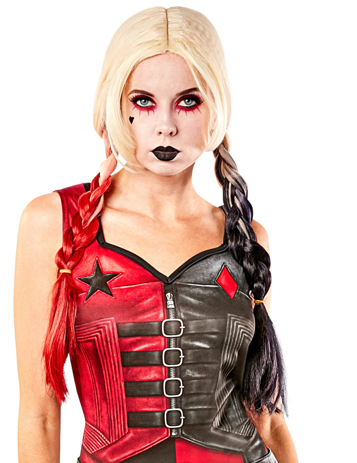Perruque Harley Quinn Suicide Squad 2 pour femme blonde avec tresses rouge et noire