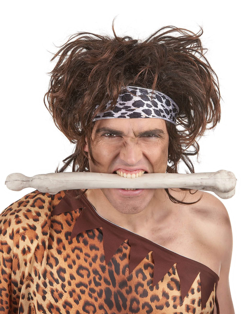 Höhlenmensch-Perücke für Herren mit braunem Haar und Leoparden-Stirnband