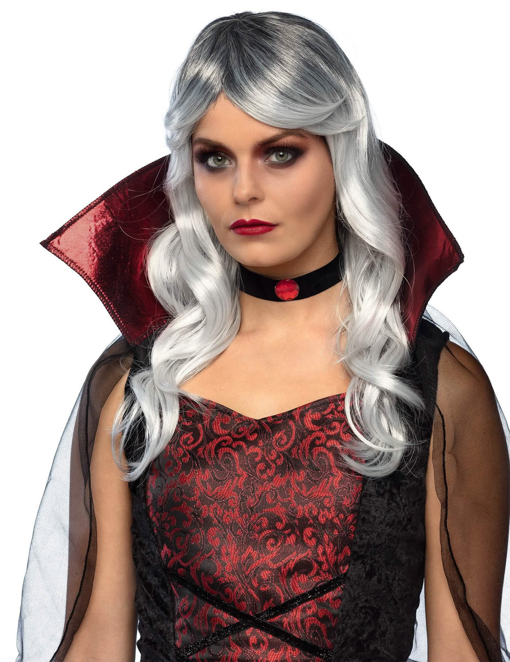 Perruque longue Halloween pour adulte blanche et grise ondulée