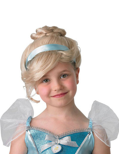 Luxuriöse Cinderella-Perücke für Kinder mit blonden Haaren, einem Dutt und blauem Band